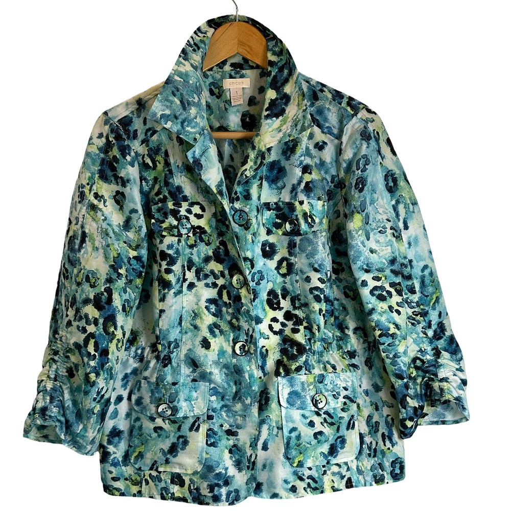 Chico’s Size 1 Blue, Navy, Lime Blazer Windbreaker‎ Cinch-able Jacket w/ Pockets